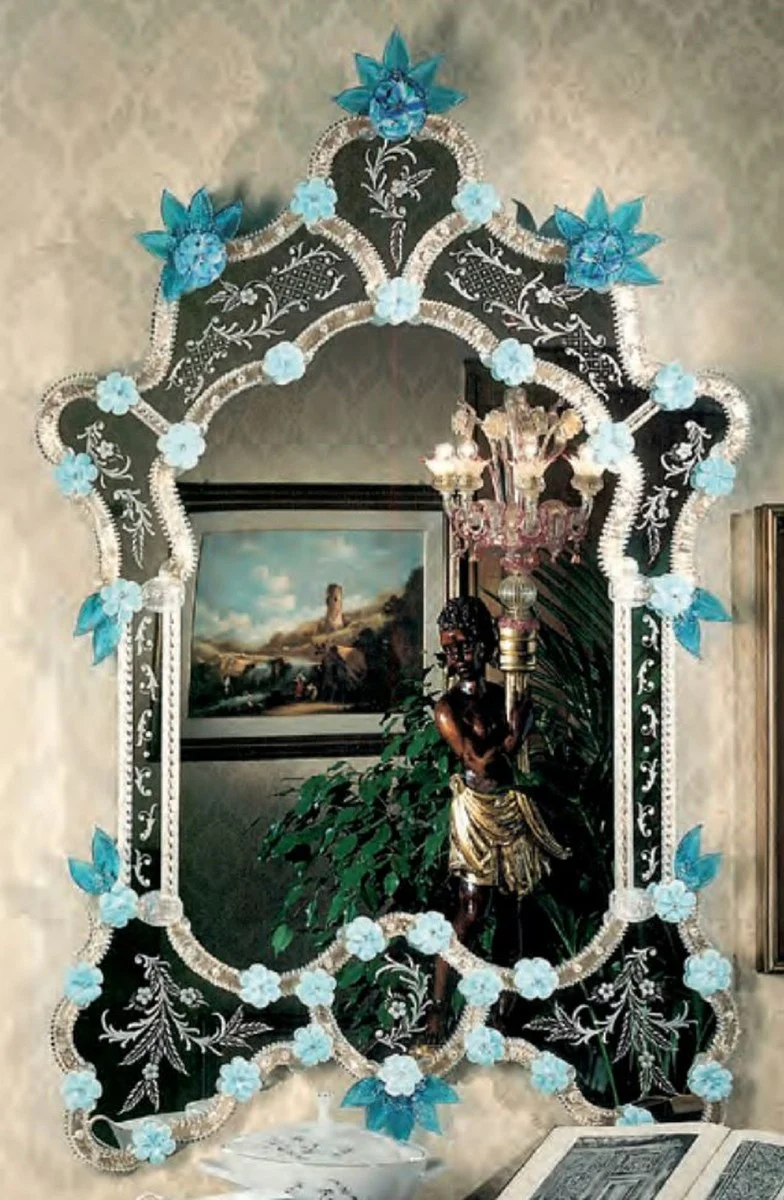 Luxury Baroque Mirror Blue / Light Blue - Magnificent wall mirror in the Venetian style - Hotel furniture - Castle furniture - Baroque furniture - Luxury furniture in the Baroque style - Made in Italy