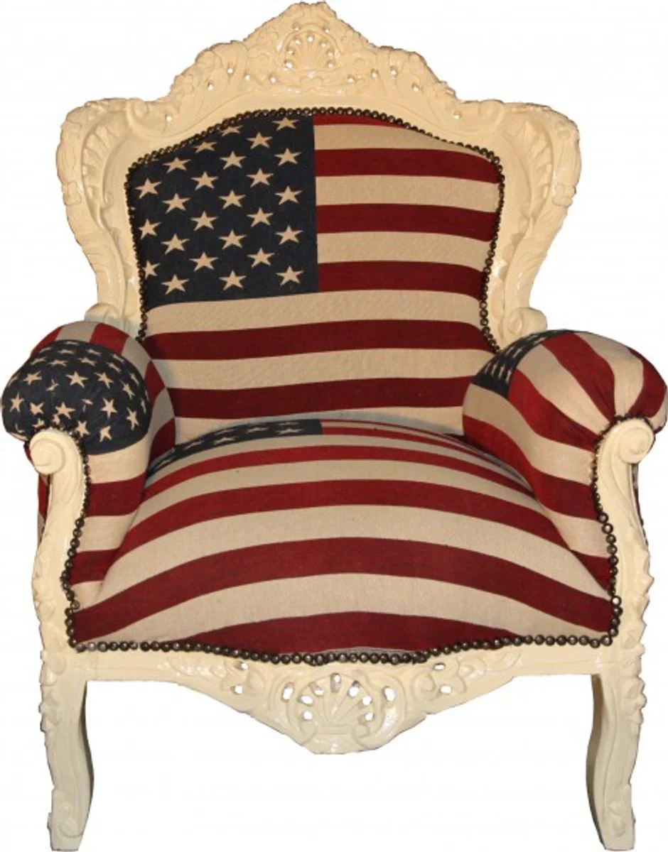 Barock Sessel King USA / Creme - Möbel Antik Stil - Amerikanische Flagge Amerika