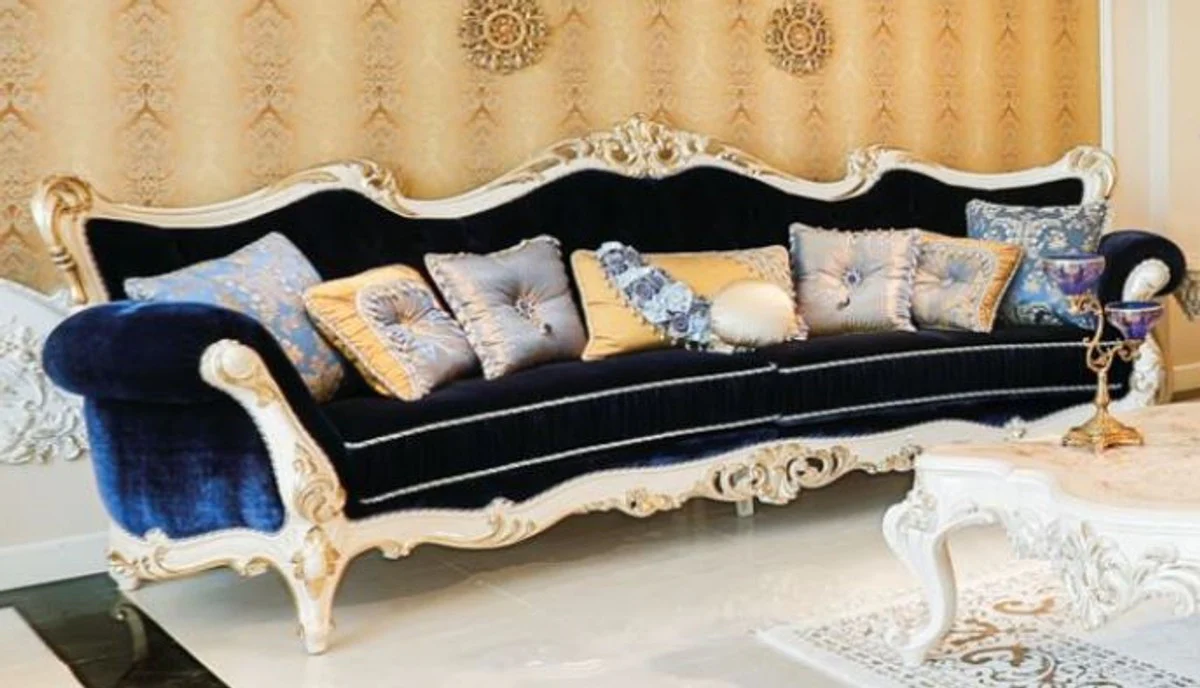 Luxury baroque living room sofa dark blue / white / gold 300 x 98 x H. 120 cm - Magnificent sofa in baroque style - Noble baroque living room furniture