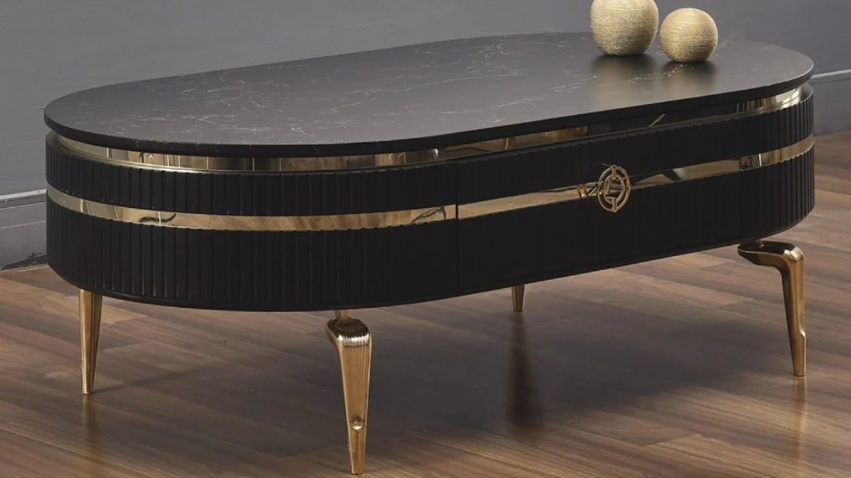 Luxury Art Deco coffee table black / gold 120 x 67 x H. 42 cm - Oval living room table with drawer and artificial marble table top - Living room furniture - Art Deco furniture - Luxury furniture