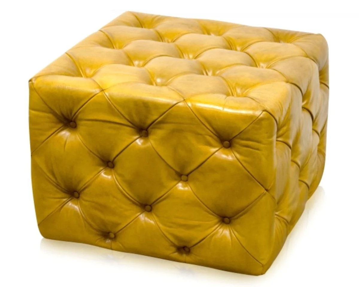Luxury genuine leather footstool vintage yellow 64 x 64 x H. 46 cm - Chesterfield Furniture