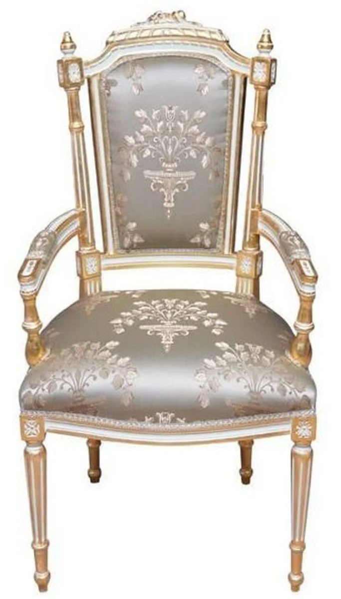 Baroque dining room chair silver / white / gold - handmade antique style chair with armrests - dining room furniture in baroque style