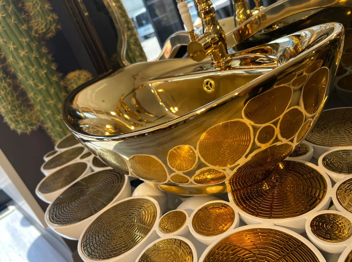 Luxury designer bathroom set white / gold 150 x 58 x H. 70 cm - 1 washbasin with sink and fitting - bathroom furniture - luxury furniture - designer furniture