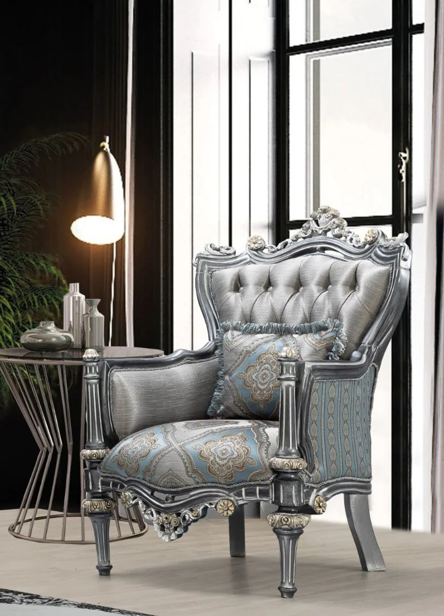 Luxus Barock Wohnzimmer Set Silber / Türkis / Gold - 2 Sofas & 2 Sessel & 1 Couchtisch - Wohnzimmer Möbel im Barockstil - Edel & Prunkvoll