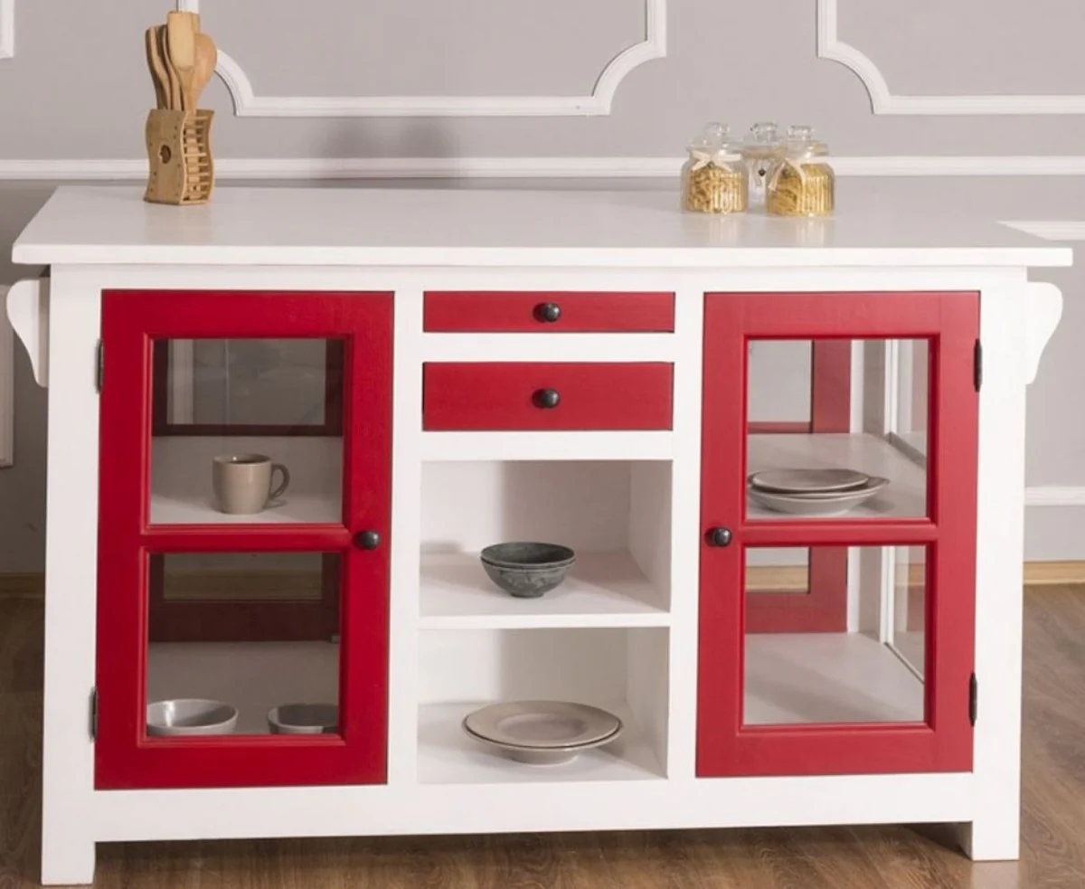 Country house style kitchen island white / red 150 x 90 x H. 90 cm - solid wood kitchen cabinet with 4 glass doors and 4 drawers - country house style kitchen furniture
