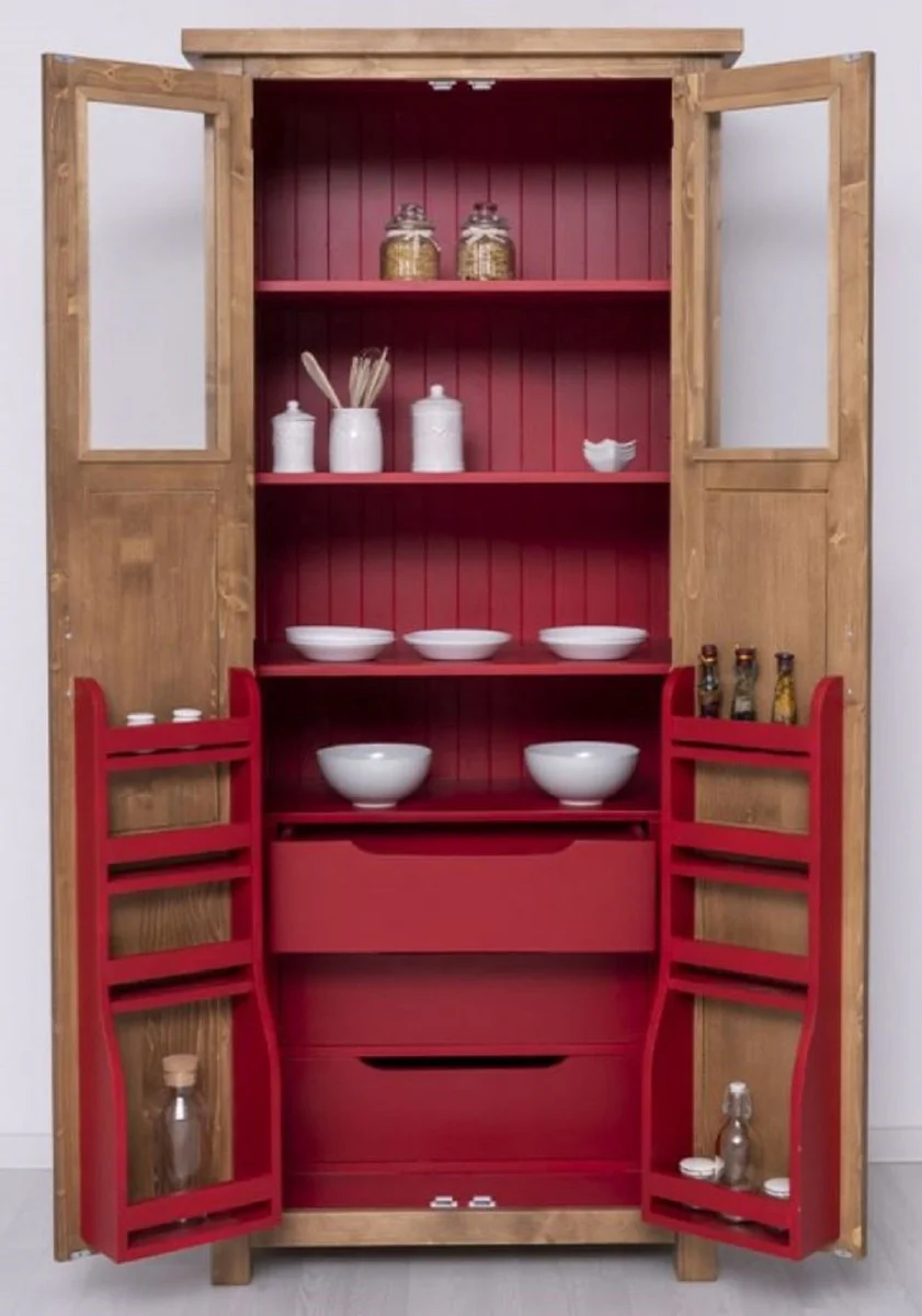 Country house style dining room cabinet natural colors / red 96 x 65 x H. 220 cm - solid wood kitchen cabinet with 2 doors - dining room furniture in country house style - country house style dining room furnishings