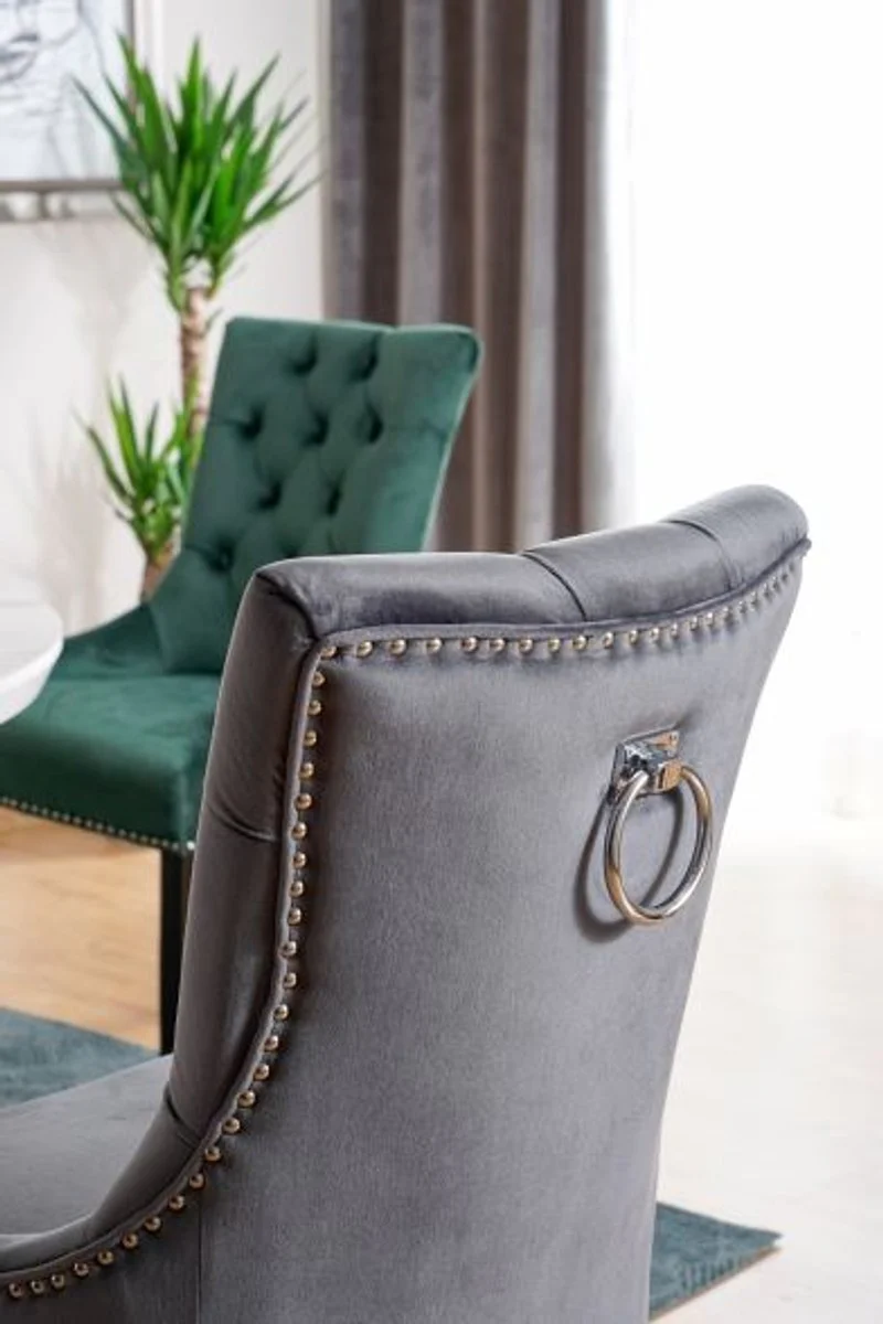 Luxury Chesterfield Dining Chair Gray / Silver / Black - Kitchen Chair with Velvet Fabric - Dining Room Furniture