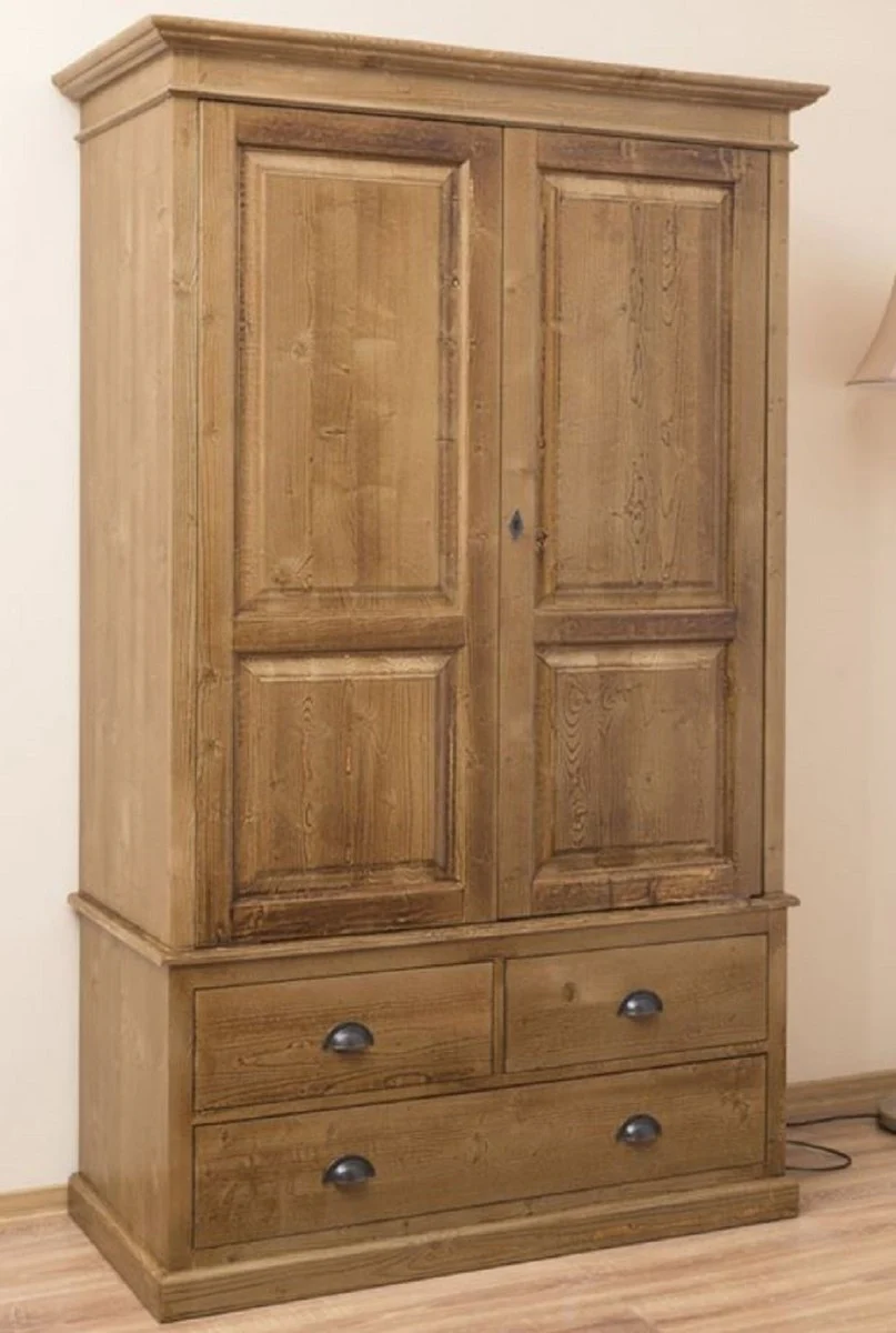 Country house style wardrobe brown 121 x 59 x H. 197 cm - solid wood bedroom wardrobe with 2 doors and 3 drawers - country house style bedroom furniture