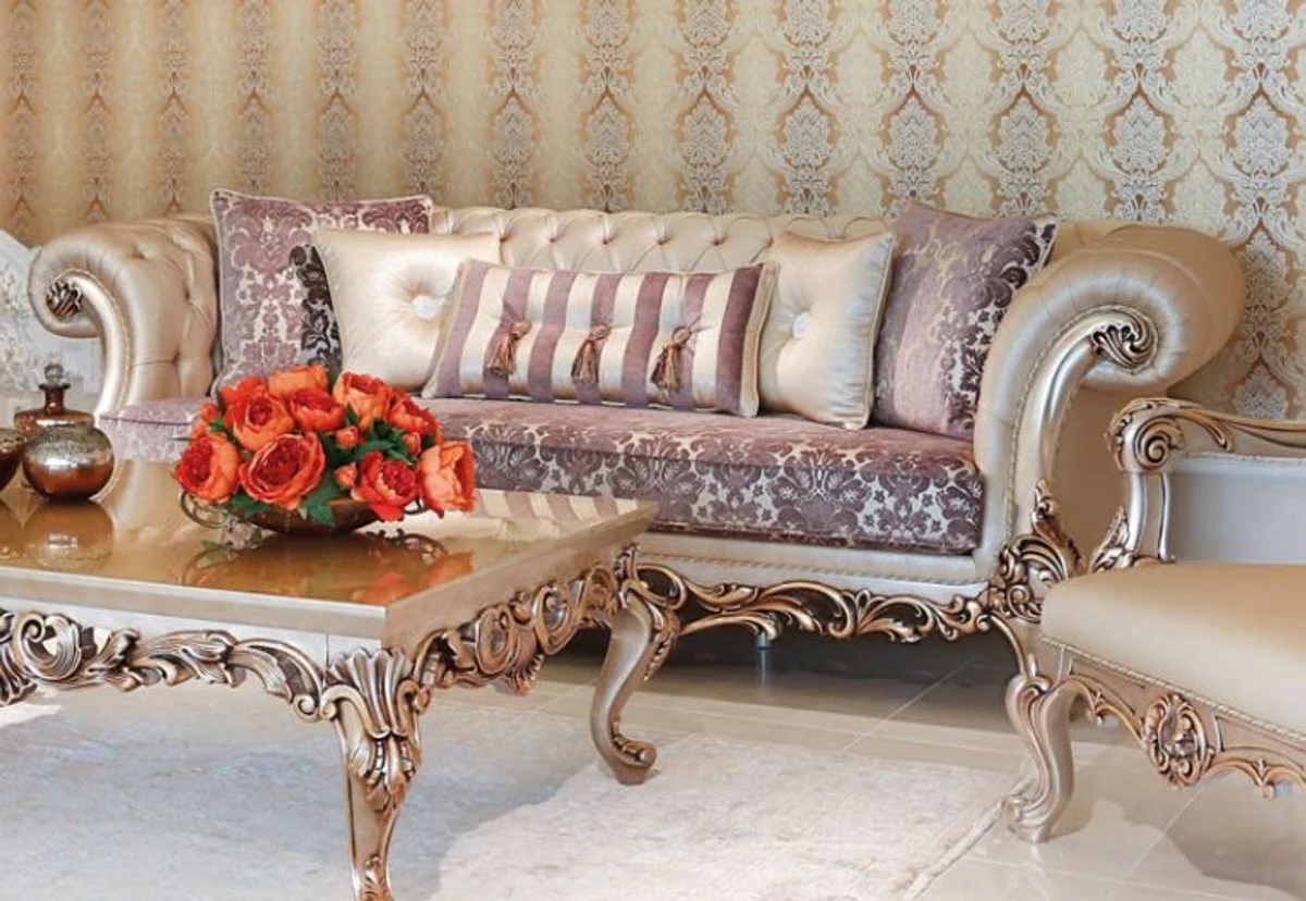 Luxury Baroque Sofa Purple / Cream / Beige / Copper 260 x 100 x H. 90 cm - Magnificent living room sofa with an elegant pattern - Baroque living room furniture