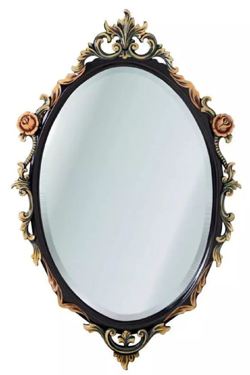 Luxus Barock Spiegel Schwarz / Mehrfarbig - Ovaler Massivholz Wandspiegel im Barockstil - Luxus Möbel im Barockstil - Barock Möbel - Edel & Prunkvoll