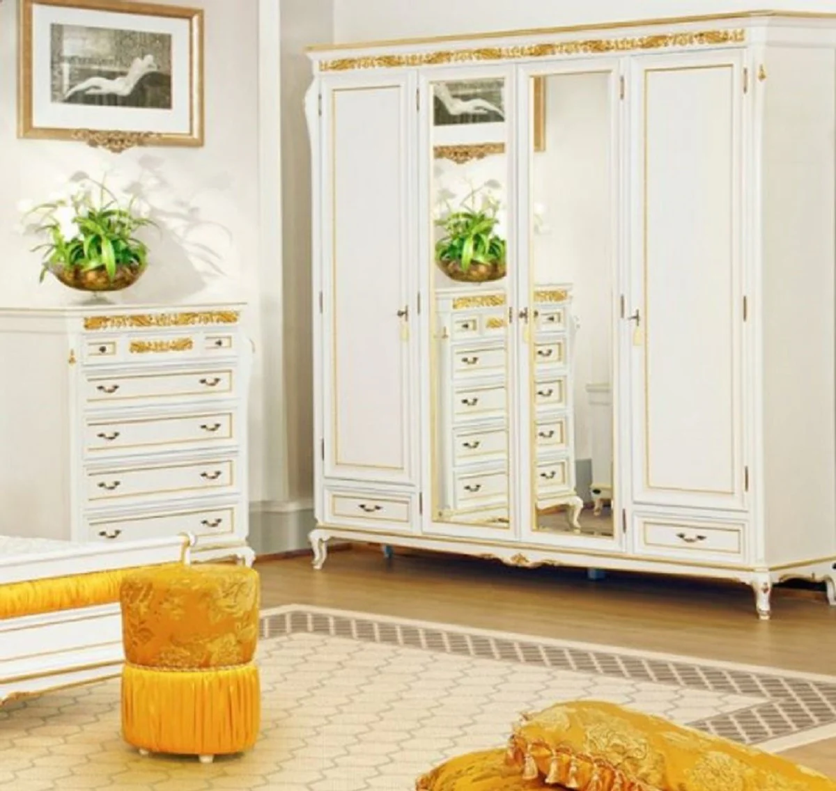 Luxury baroque bedroom cupboard white / gold - magnificent solid wood cupboard with 4 doors and 2 drawers - baroque wardrobe - baroque bedroom furniture