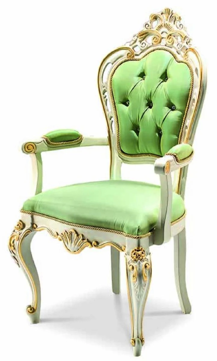 Luxus Barock Esszimmer Stuhl mit Armlehnen Grün / Weiß / Gold - Made in Italy