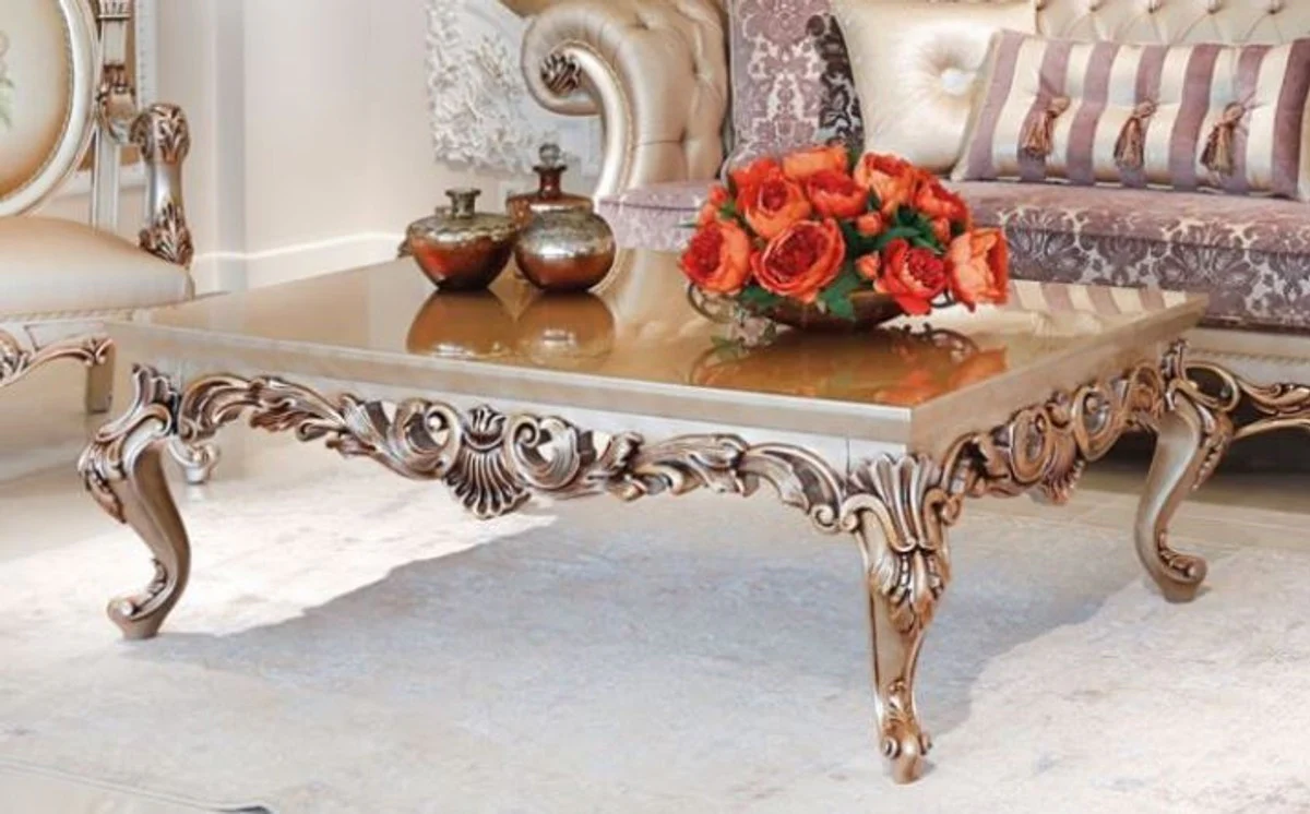 Luxury baroque coffee table beige / copper colored 133 x 92 x H. 45 cm - magnificent solid wood living room table with elegant decorations - baroque living room furniture