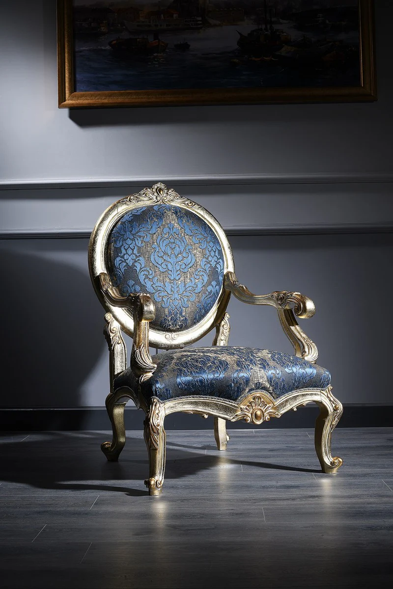 Luxury Baroque Salon Chair Dark Blue / Antique Gold 65 x 85 x H. 120 cm - Baroque Furniture