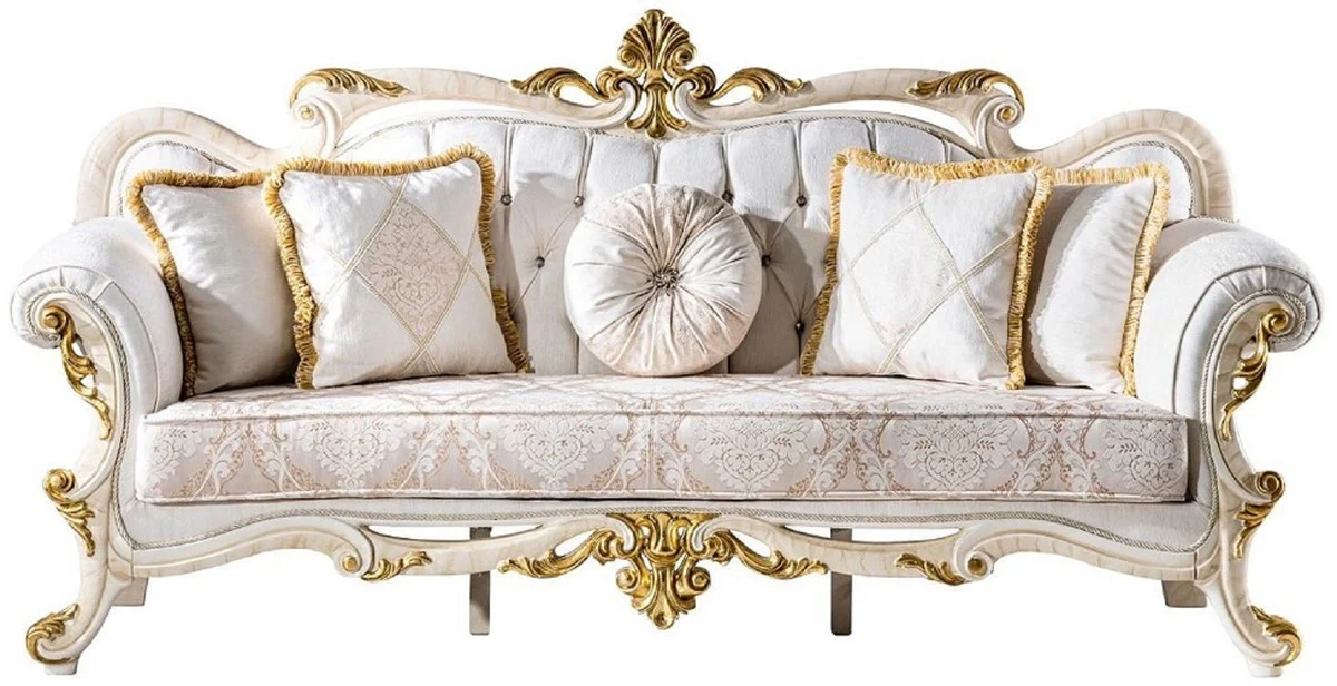 Luxus Barock Wohnzimmer Set Weiß / Braun / Weiß / Beige / Gold - 2 Barock Sofas & 2 Barock Sessel & 1 Barock Couchtisch - Luxus Wohnzimmer Möbel im Barockstil - Barock Möbel