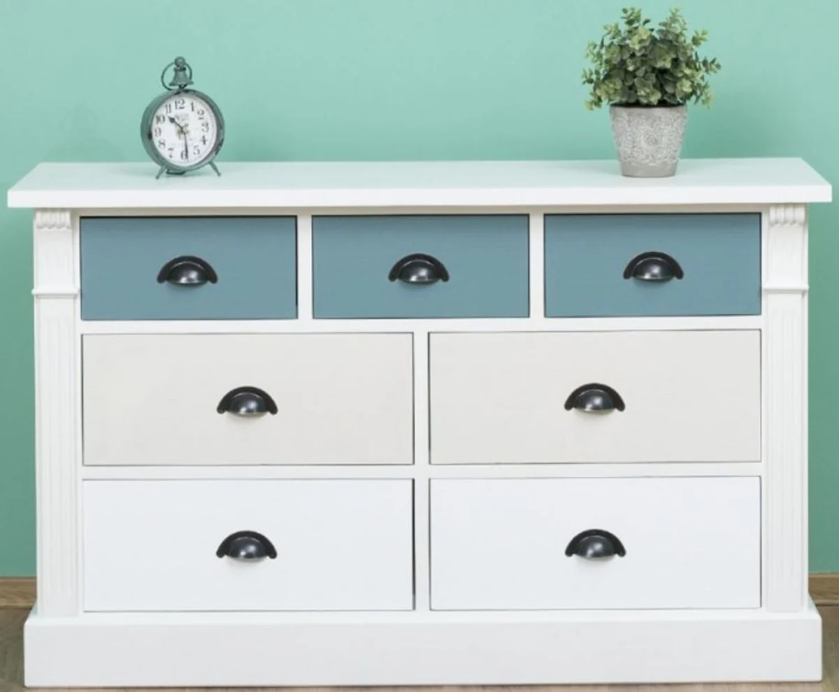 Country house style chest of drawers with 7 drawers white / cream / light blue 122 x 41 x H. 75 cm - solid wood furniture