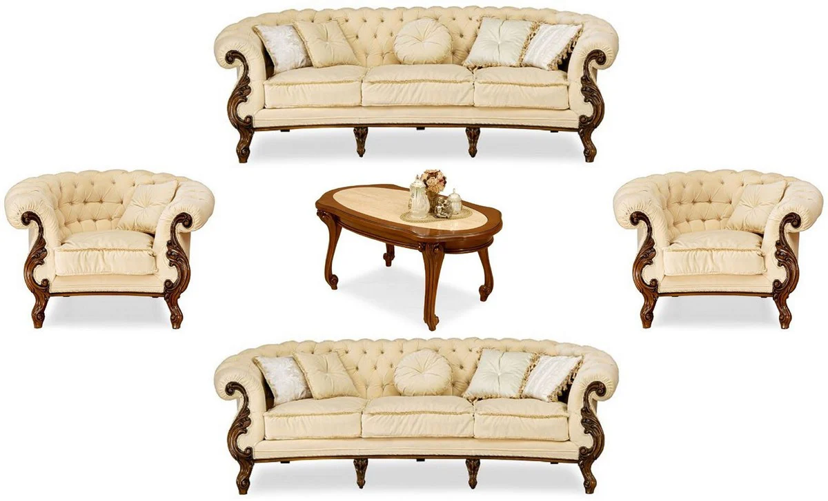 Luxus Barock Wohnzimmer Set Creme / Braun - 2 Barock Sofas & 2 Barock Sessel & 1 Barock Couchtisch - Luxus Wohnzimmer Möbel im Barockstil - Edel & Prunkvoll
