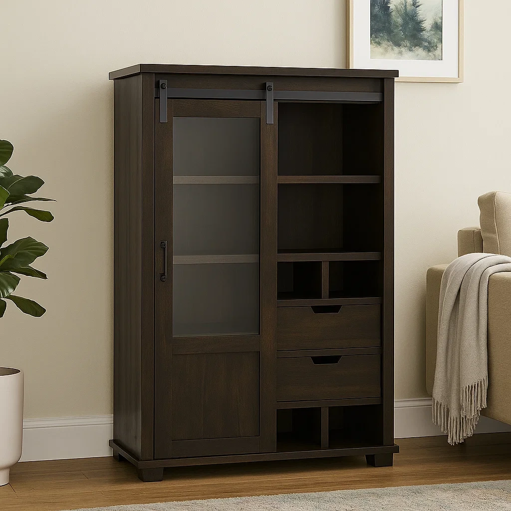 Vitrine mit Glasschiebetür, 6 Fächer mit Schubladen, dunkelbraunes MDF, freistehend, für Wohnzimmer oder Büro, 100 x 40 x 160 cm - EkSeR2litJ4e