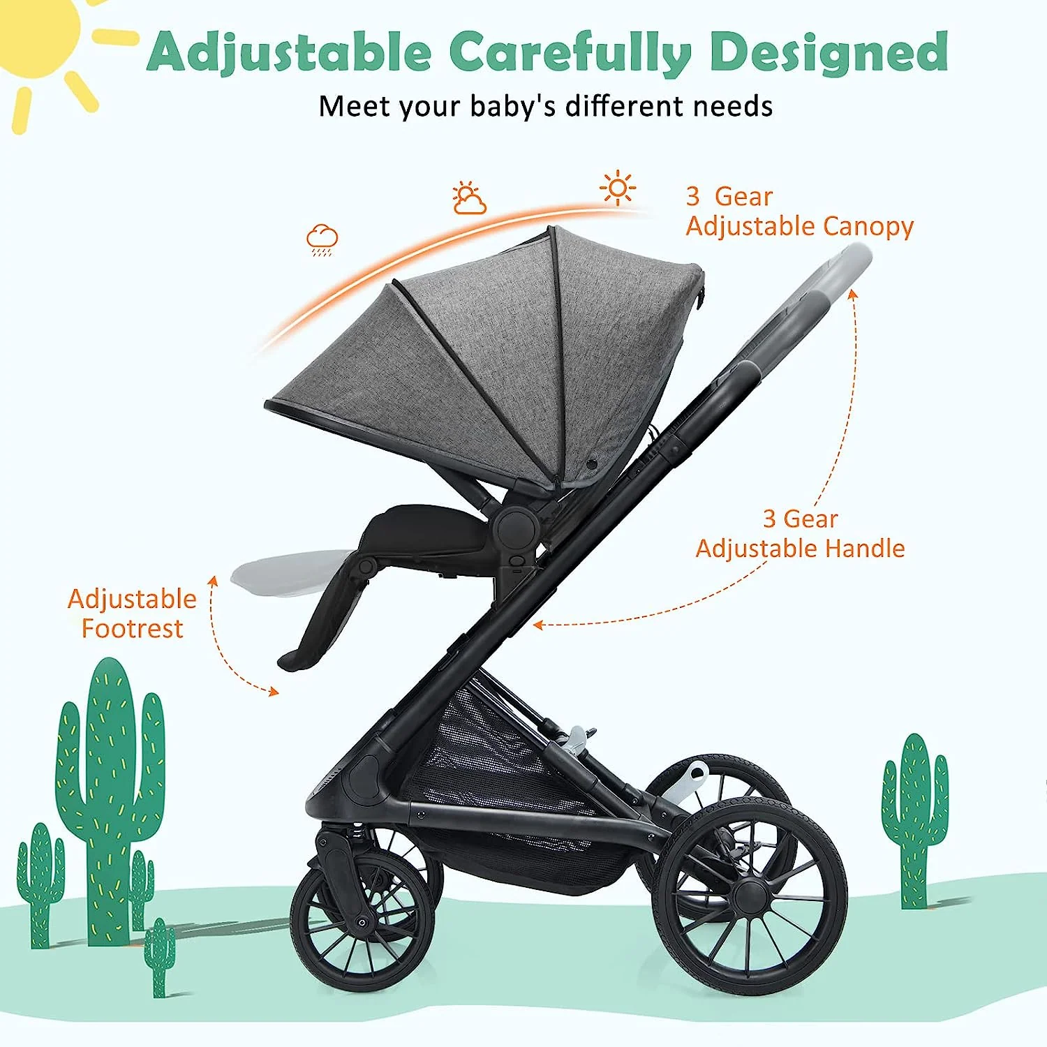 Kinderwagen, umkehrbarer Stubenwagen für Neugeborene, einhändig faltbarer, schnell zusammenklappbarer Kinderwagen mit Aluminiumrahmen, verstellbarem Verdeck, 5-Punkt-Sicherheitsgurt für Säuglinge und Kleinkinder (schwarz)