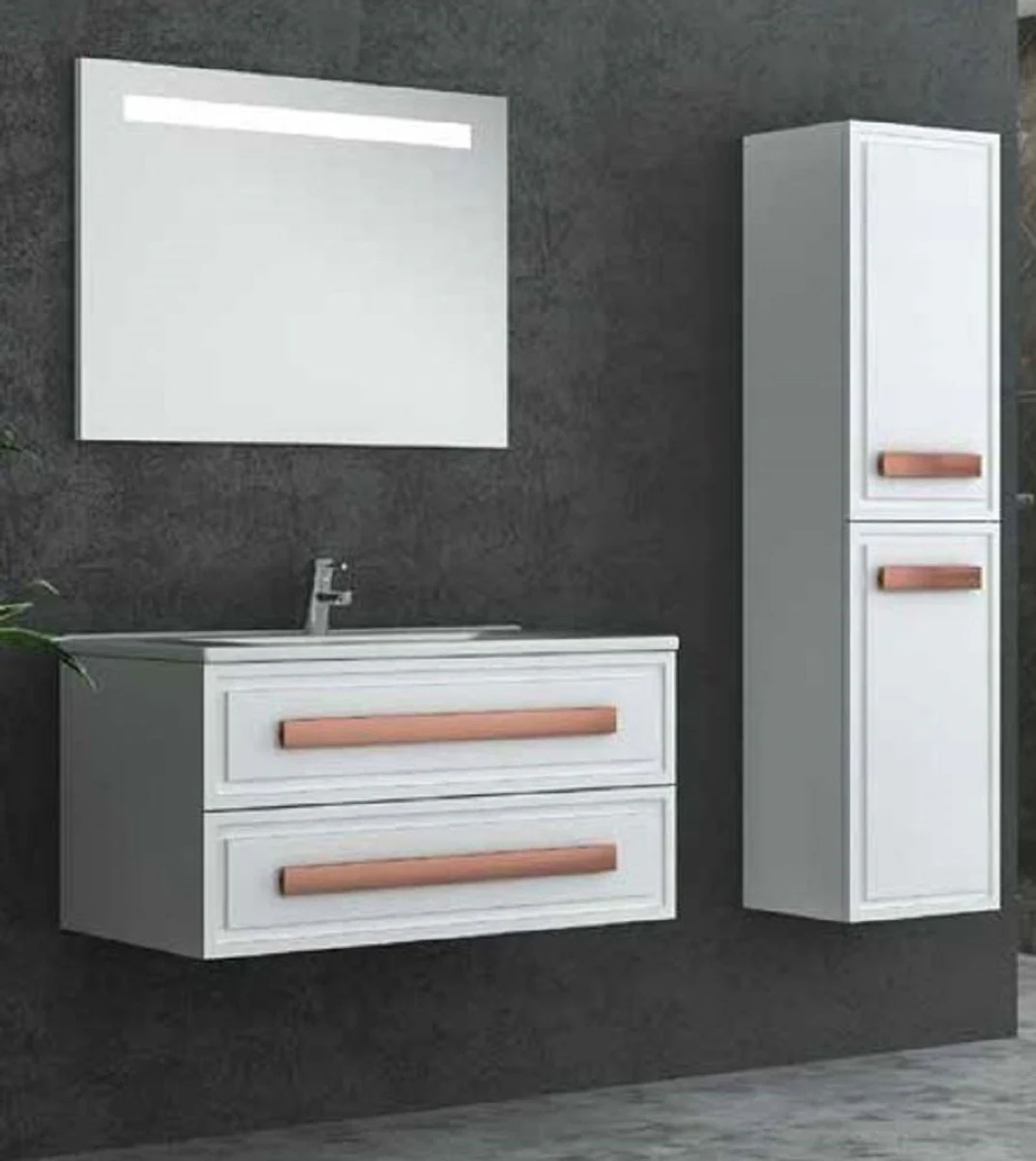 Luxury bathroom set white / bronze - 1 vanity unit and 1 sink and 1 LED wall mirror and 1 wall cabinet - luxury bathroom furniture