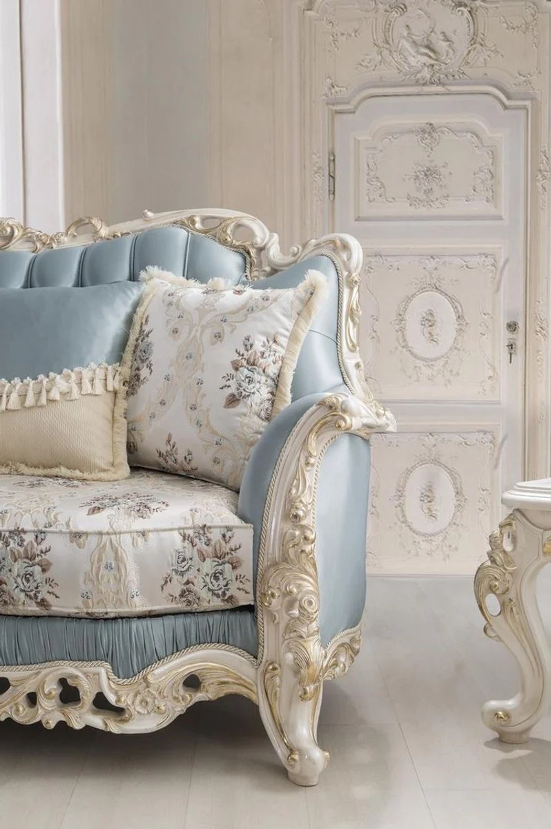 Luxury baroque living room sofa with decorative cushions light blue / cream / white / gold 240 x 90 x H. 120 cm - Noble baroque living room furniture