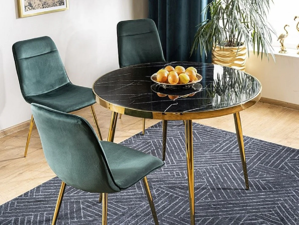 Luxury dining table black / gold Ø 100 x H. 75 cm - Round dining room table with glass top in marble look - Dining room furniture - Kitchen furniture