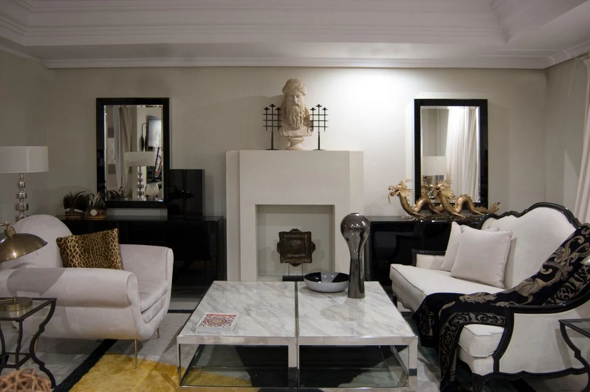 Luxury baroque sofa white / black 185 x 95 x H. 111 cm - living room sofa with decorative pillows - noble baroque furniture