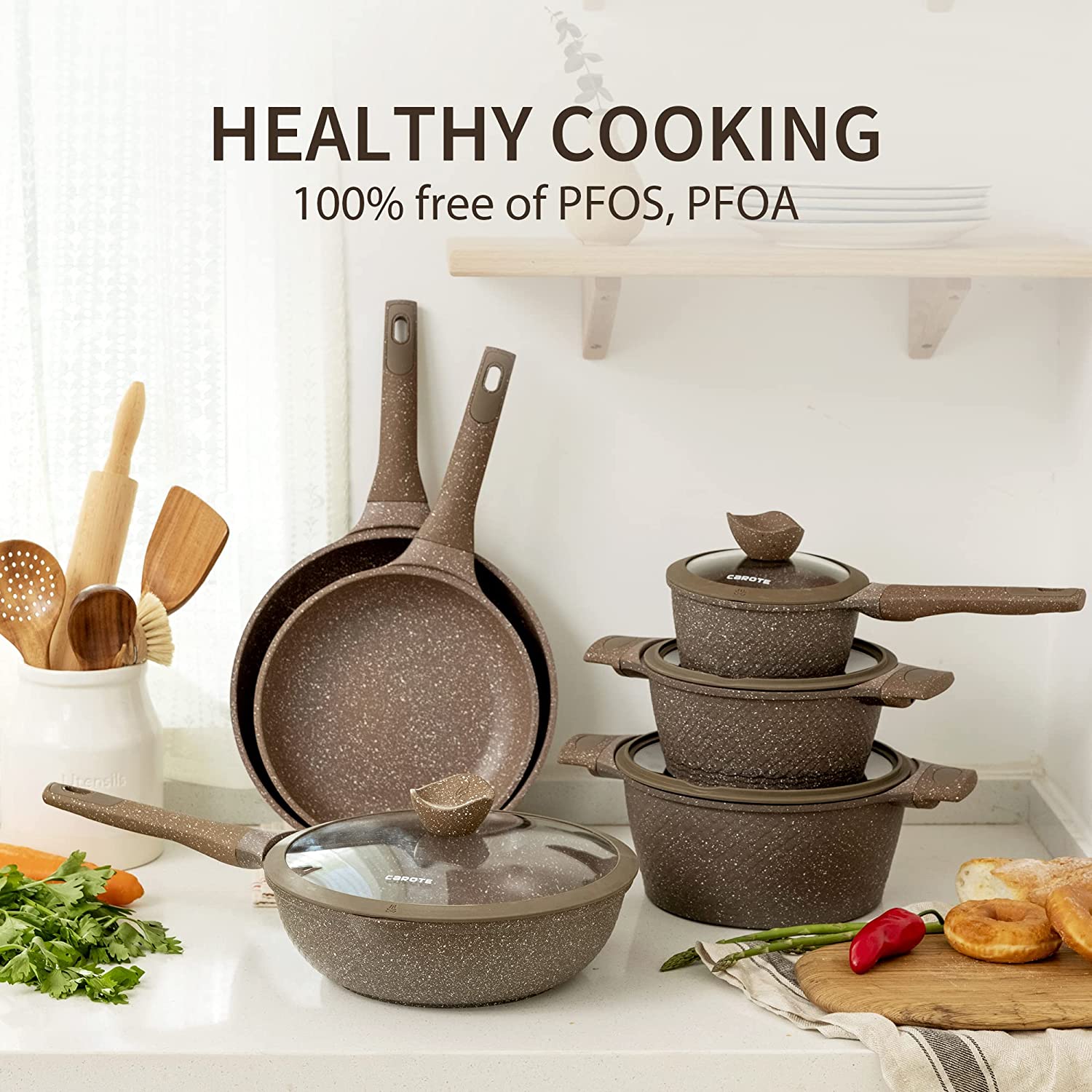 Antihaftbeschichtetes Kochgeschirr-Set, 10-teiliges Set aus Töpfen und Pfannen, antihaftbeschichtet, gesundes Antihaft-Induktionskochgeschirr aus Stein, Küchen-Granit-Kochset mit Bratpfannen und Topf, PFOS, PFOA-frei (brauner Granit)