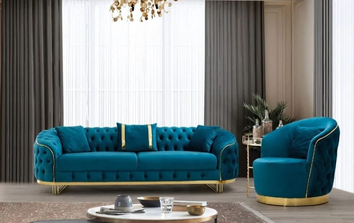 Luxury Chesterfield sofa turquoise / gold 240 x 95 x H. 72 cm - Modern living room sofa - Chesterfield living room furniture