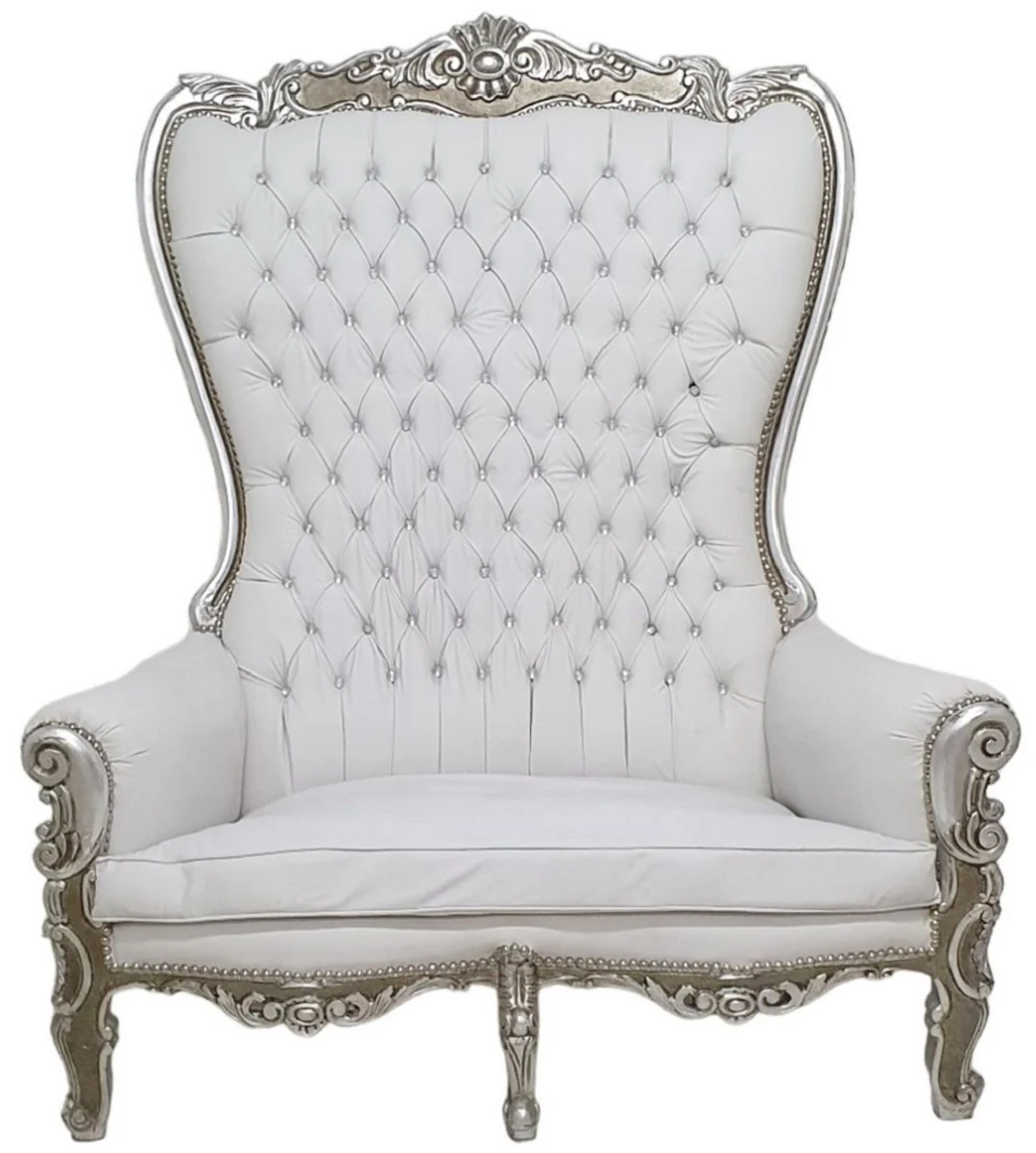 Baroque high-back 2-seater sofa white / silver - magnificent baroque style faux leather sofa with glittering stones - living room furniture in baroque style - baroque furniture - noble & magnificent