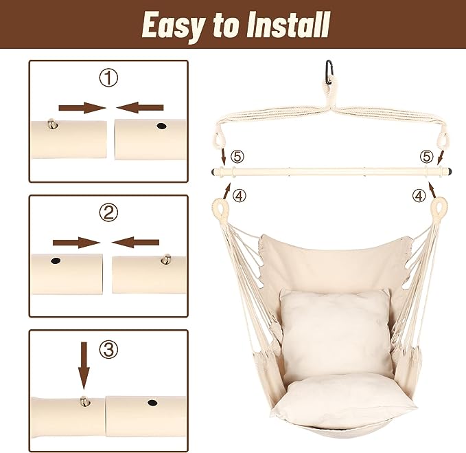 Highwild Hammock Chair Hanging Rope Swing - Max 500 Lbs - 2 Cushions Included - Steel Spreader Bar with Anti-Slip Rings - for all indoor or outdoor spaces