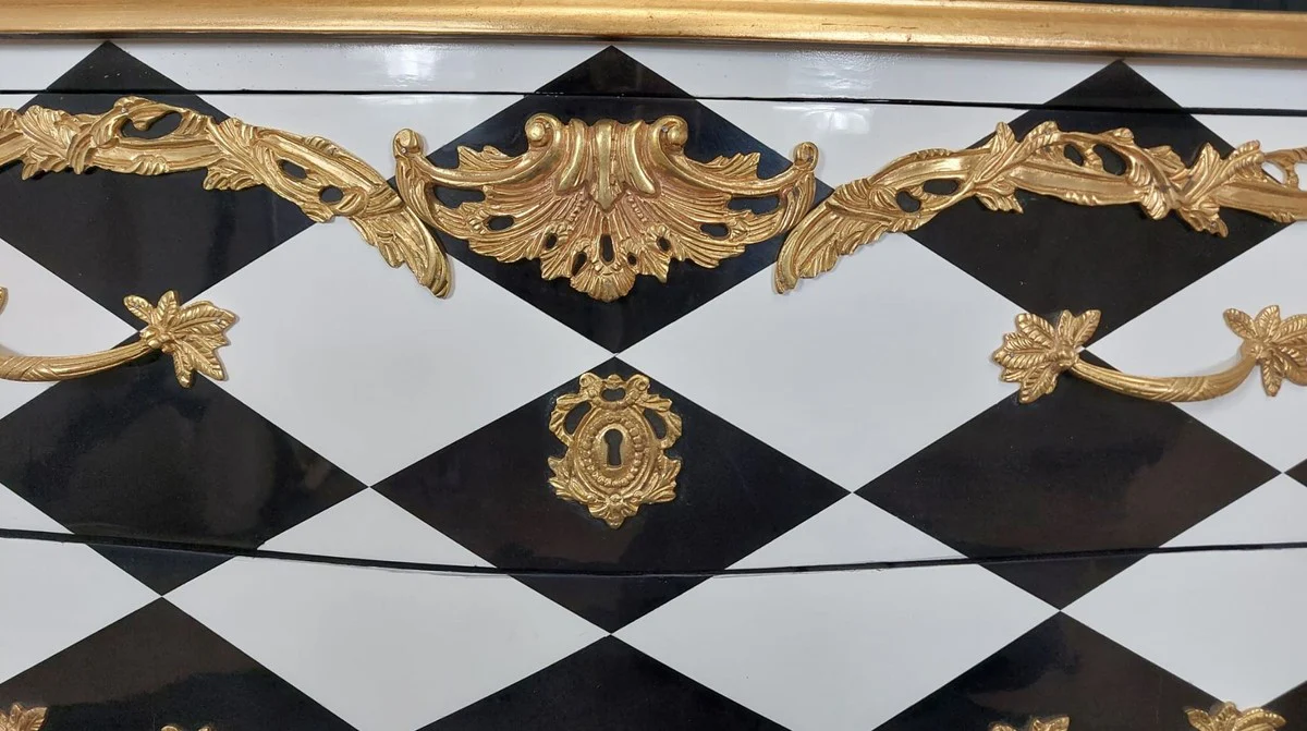 Baroque chest of drawers with checked design and 2 drawers black / white / gold - handmade solid wood chest of drawers in baroque style - bedroom furniture in baroque style - baroque furniture