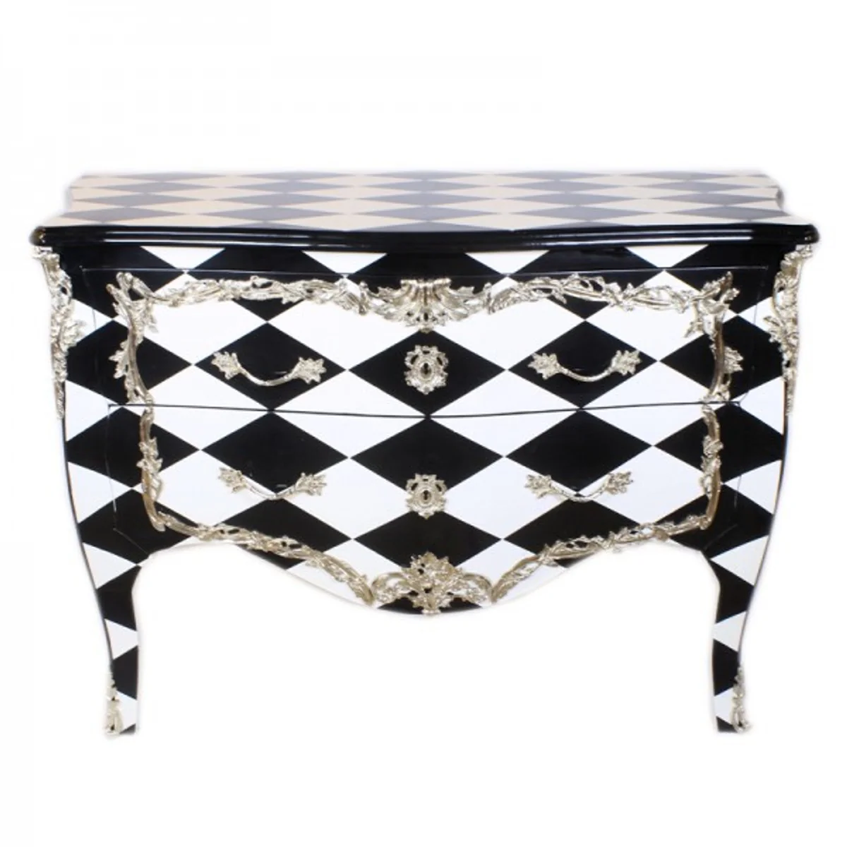 Baroque chest of drawers black / white check / silver 130 cm - handmade from solid wood