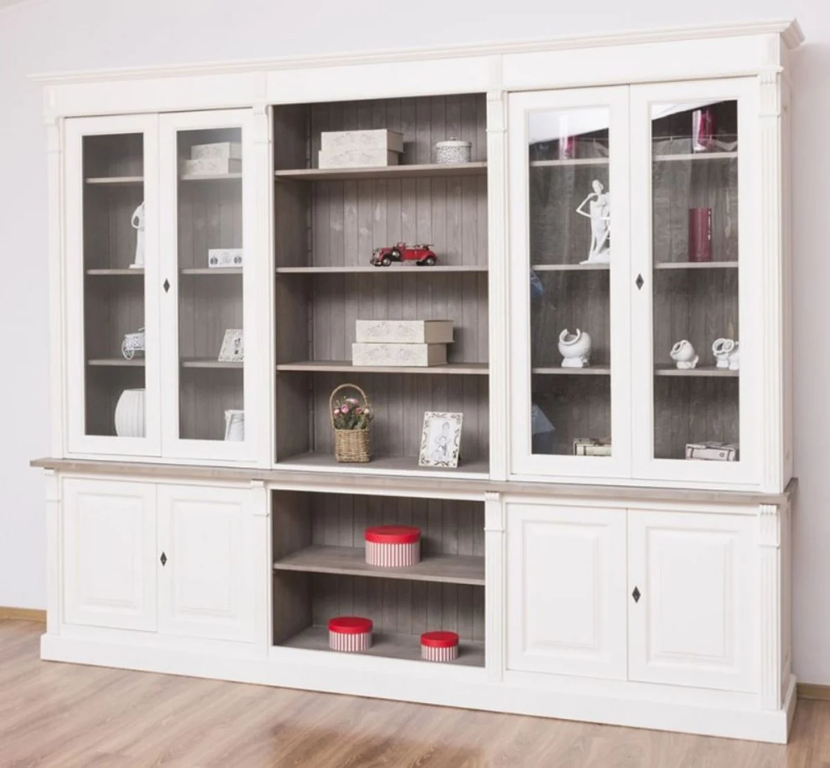 Country house style bookcase white / brown gray 286 x 51 x H. 228 cm - solid wood cupboard - living room cupboard - office cupboard - country house style furniture