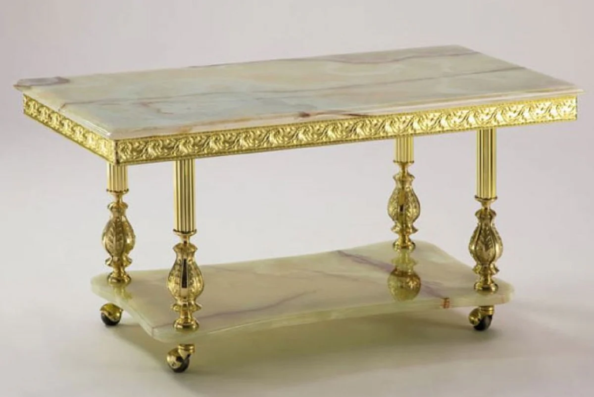 Luxury baroque coffee table cream / gold 100 x 50 x H. 43 cm - Rectangular baroque style living room table with onyx artificial stone tabletops and wheels - Baroque furniture - Made in Italy