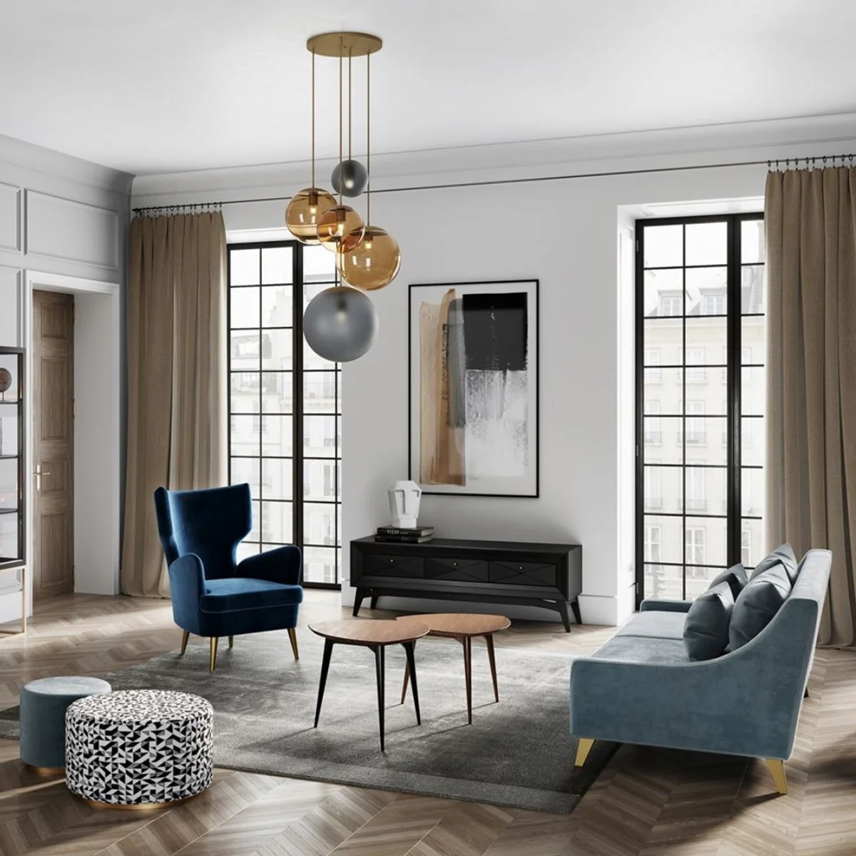 Luxury neoclassic sofa light blue / gold 152 x 97 x H. 85 cm - living room sofa - hotel sofa - living room furniture - hotel furniture - luxury furniture - neoclassic furniture