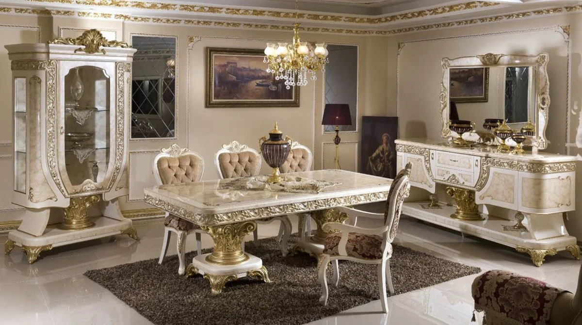 Luxury baroque display cabinet white / beige / gold - magnificent solid wood display cabinet with glass door - handmade baroque furniture - noble and magnificent