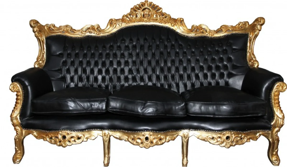 Baroque 3 Seater Sofa Master Black / Gold Leather Look Mod2 - Limited Edition - Living Room Couch Furniture Lounge