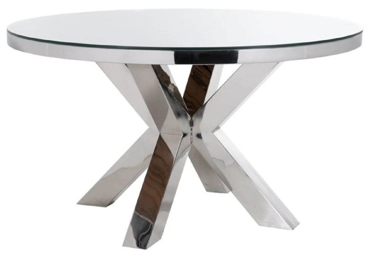 Luxury dining table silver / brown Ø 140 x H. 75 cm - Round stainless steel kitchen table with solid wood table top and glass top - Dining room furniture - Luxury furniture - Luxury furnishings