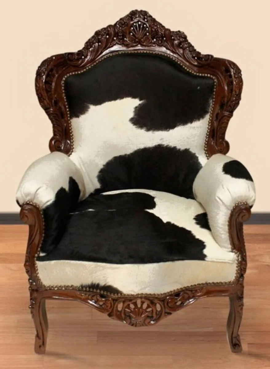 Sessel King Kuhfell Schwarz-Weiß / Braun 85 x 85 x H. 120 cm - Luxus Barock Sessel