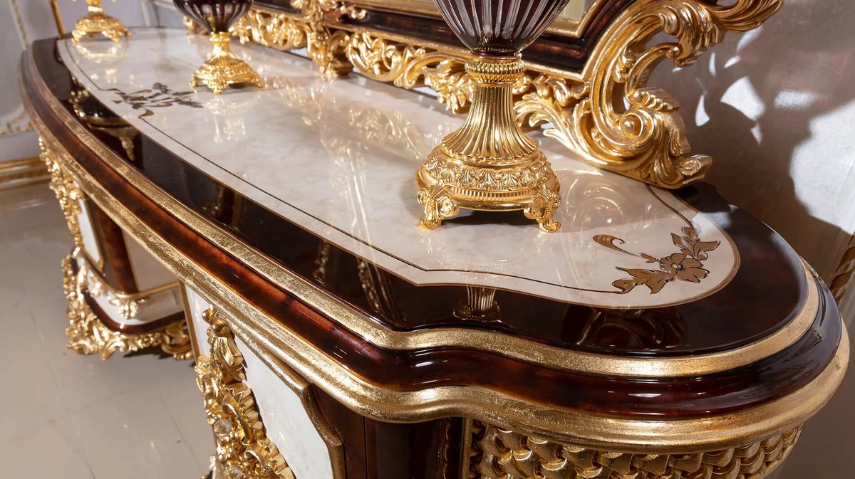 Luxury Baroque Bedroom Set White / Brown / Gold - 1 Baroque Dressing Chest with 5 Drawers & 1 Baroque Mirror & 1 Baroque Stool - Baroque Bedroom Furniture - Noble & Magnificent