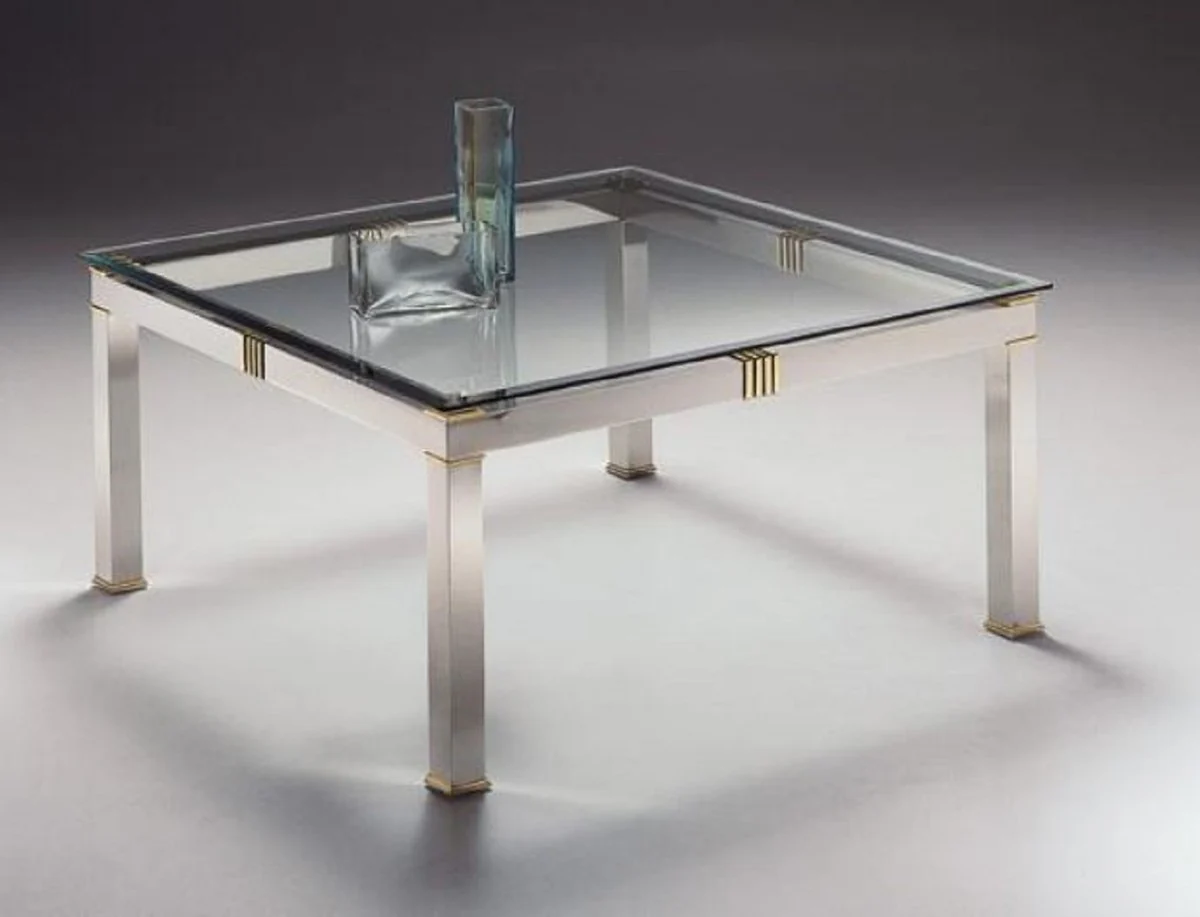 Luxury coffee table silver / brass 100 x 100 x H. 48 cm - Square brass living room table with glass top - Living room furniture - Luxury quality