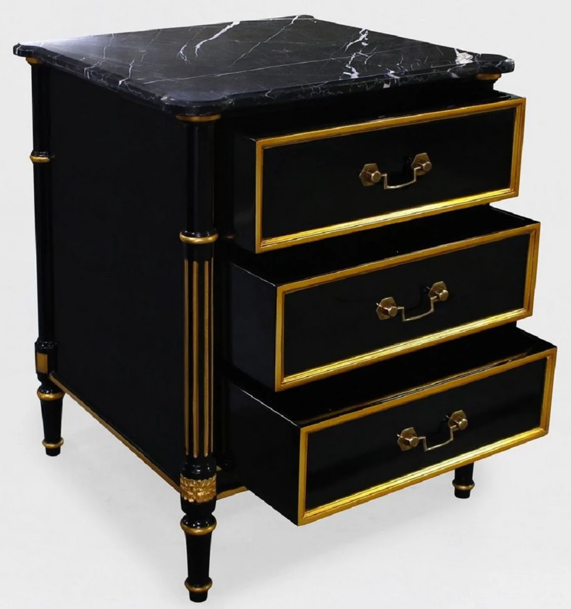 Luxury Baroque night dresser black / gold - Baroque mahogany bedside table with 3 drawers and marble top - Baroque bedroom furniture - Luxury furniture in Baroque style - Noble & magnificent