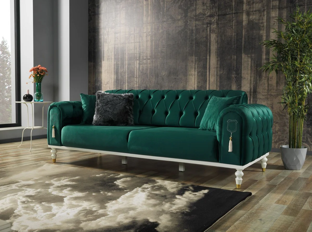 Luxury Chesterfield sofa bed green / white / gold 230 x 95 x H. 83 cm - Living room sofa with 3 cushions - Luxury living room furniture