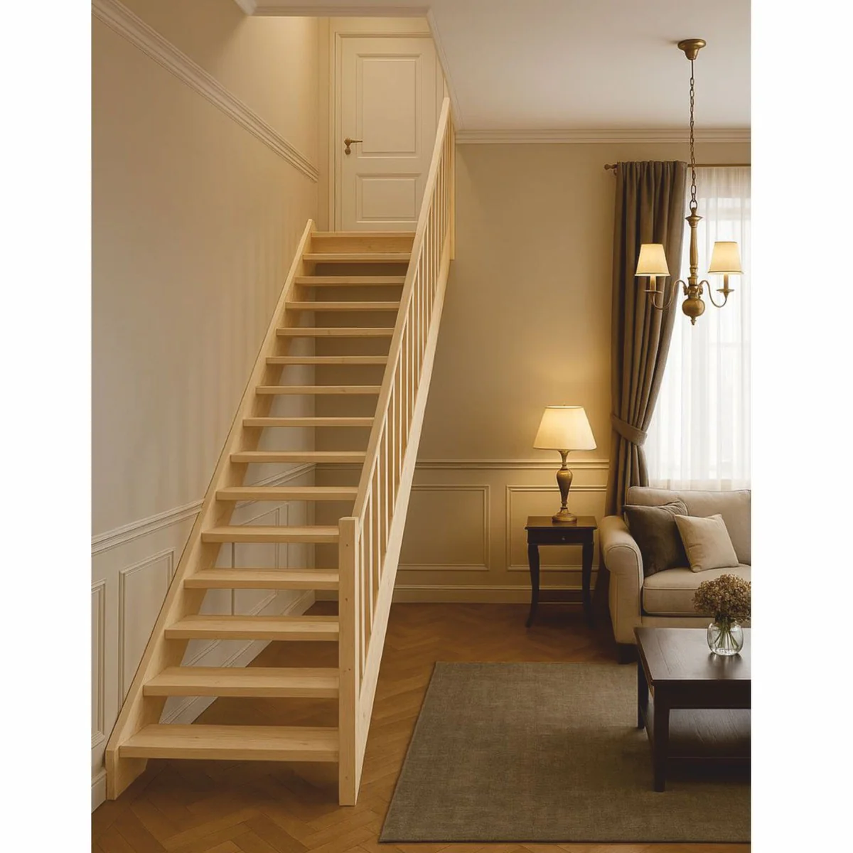 Luxury wooden staircase with railing right side natural color H. 307 cm