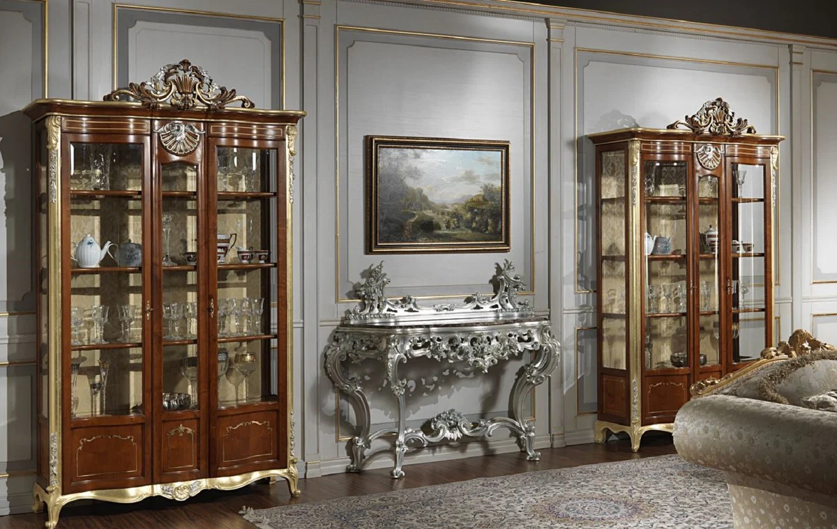 Luxury baroque display cabinet brown / gold / silver - noble solid wood display cabinet with 2 doors - hotel furniture - castle furniture - luxury quality - Made in Italy