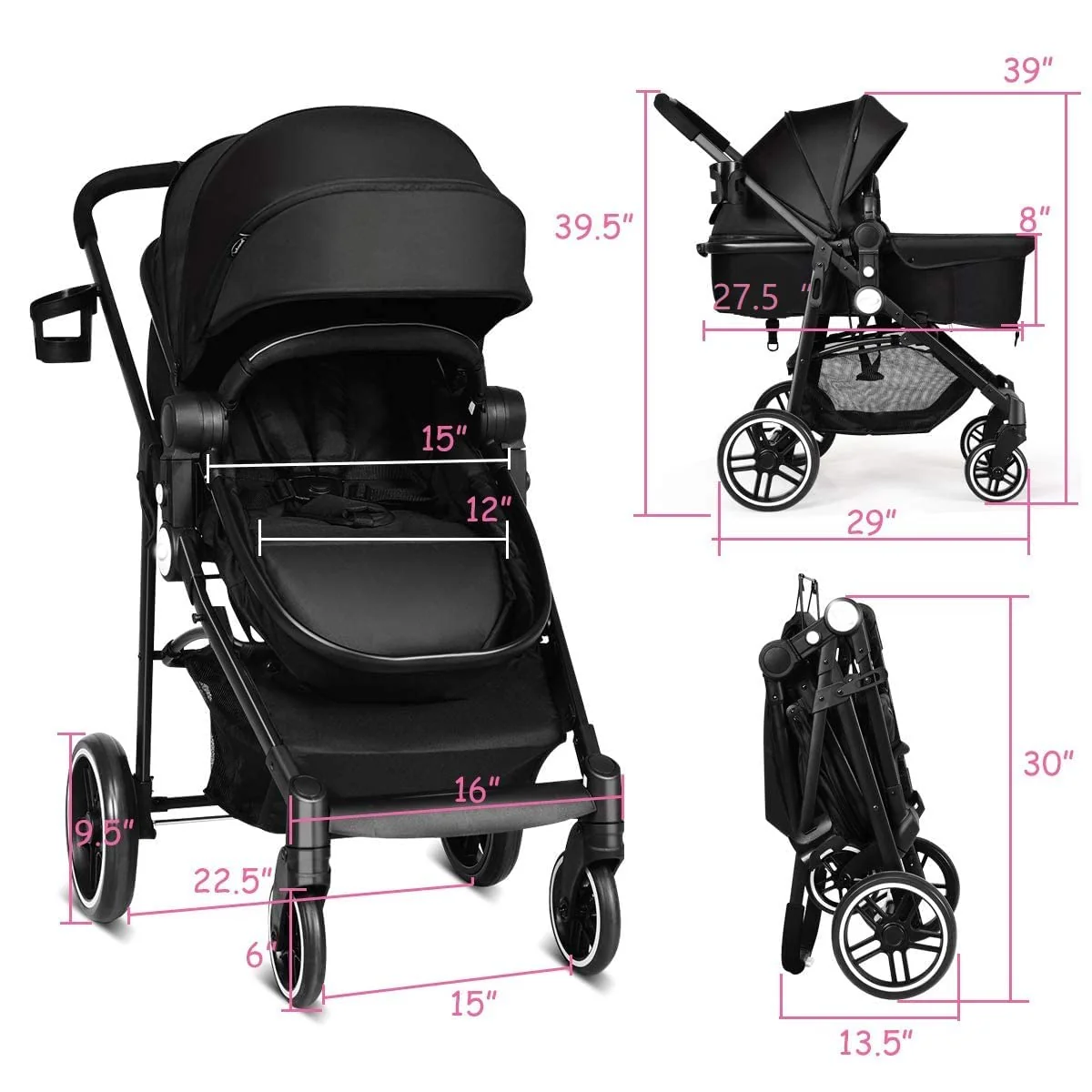Kinderwagen, Hochformat-Kinderwagen und umkehrbarer Stubenwagen, faltbarer Kinderwagen mit verstellbarem Verdeck, Getränkehalter, Aufbewahrungskorb, gefederten Rädern (schwarz)