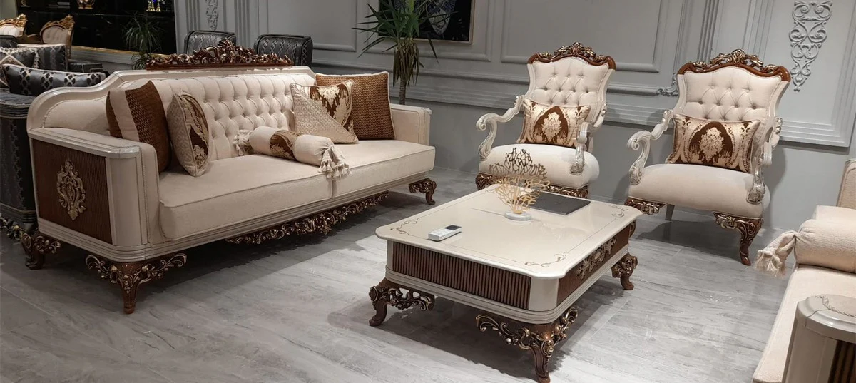 Luxury baroque coffee table beige / gray / brown / gold - magnificent solid wood living room table in baroque style - baroque living room furniture - noble & magnificent