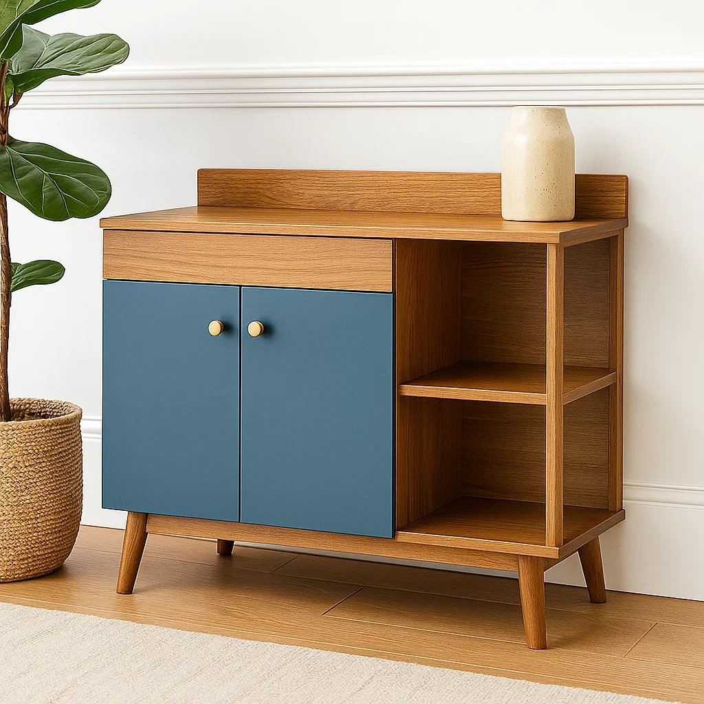 Rechteckige Kücheninsel mit Regalen und MDF-Schrank, Eiche und Blau, ohne Rollen, 100 x 40 x 85 cm, für die private Küche. - VxsES9DwARkS