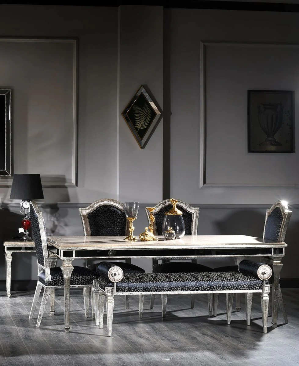 Luxury Baroque Dining Room Chair Set Black / Antique Silver 55 x 58 x H. 115 cm - Elegant Kitchen Chairs Set of 6 - Dining Room Furniture in Baroque Style